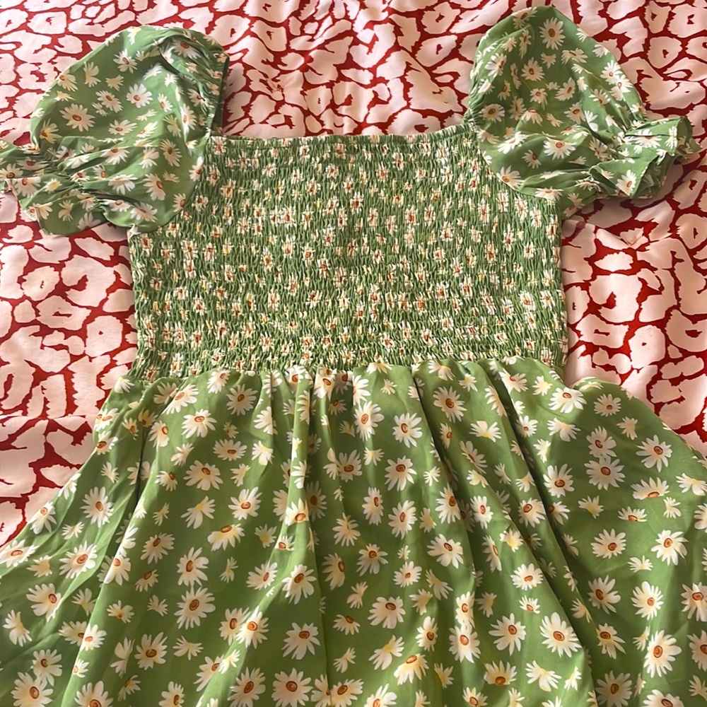 Green dress with flowers ruffled shoulders